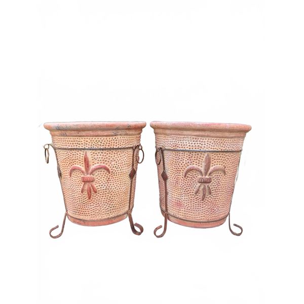 Terra Cotta Planters with Fleur-de-Lis and Iron Stands