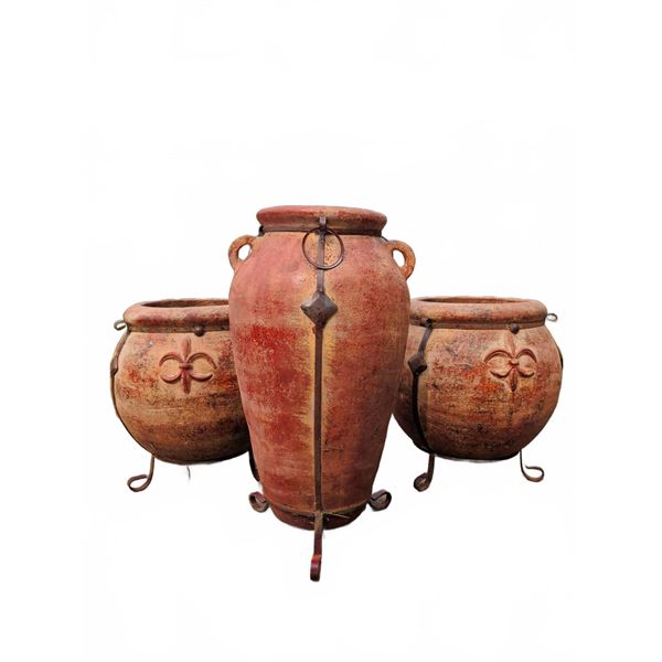 Three Terra Cotta Garden Planters with Iron Stands