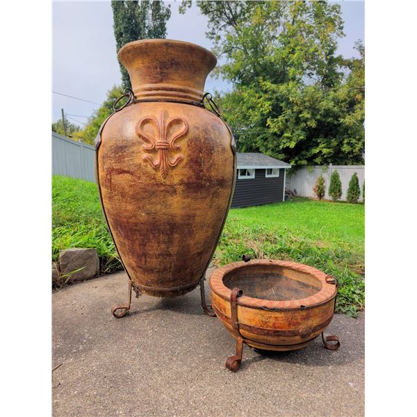 Terracotta Planter and Pot Set with Iron Stands and Fleur-De-Lis Motif