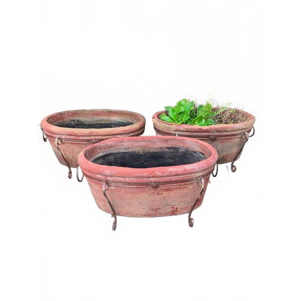 3 Large Oval Terra Cotta Planters with Iron Stands