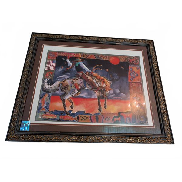 Framed Signed Print by Nancy Dunlop Cawdrey, Western Rodeo Scene, 37x30 Inches