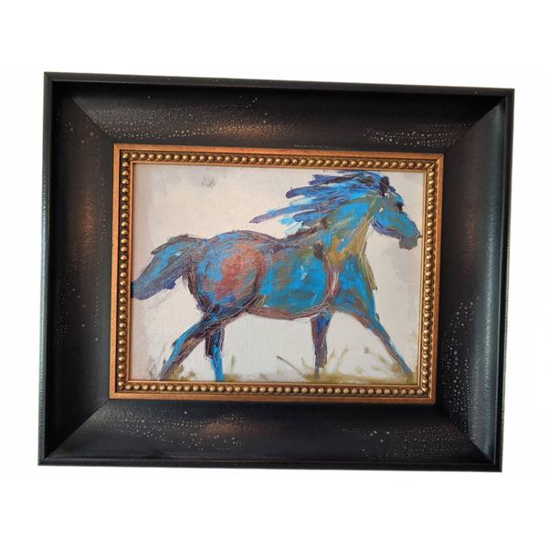 Framed Canvas Painting of Blue Horse with Decorative Frame