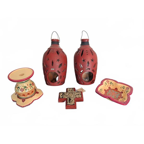 5 Decorative Mexican Folk Art Pieces Including Candleholders and Cross