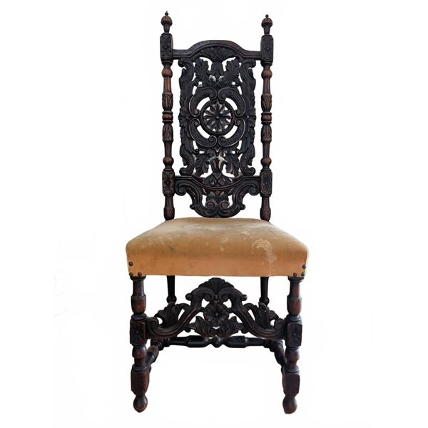 Dark Wood Side Chair With Ornate Carved Back and Tan Upholstered Seat