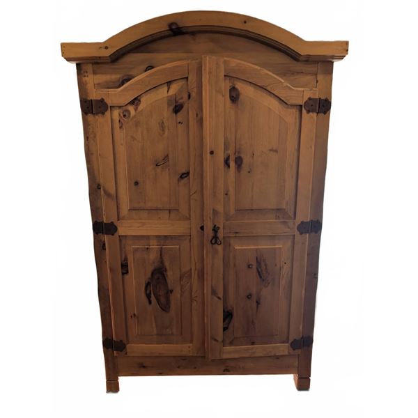 Knotty Pine Armoire Entertainment Cabinet with Sharp Aquos TV and Sony Blu-ray Player, 7 ft Tall