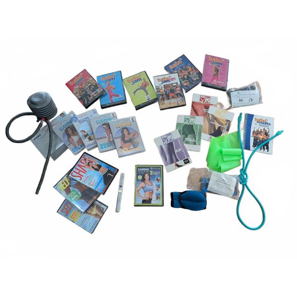 Home Fitness DVD Lot With Accessories and Resistance Bands
