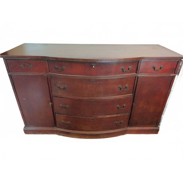 Mahogany Sideboard Buffet with Bow Front, Brass Hardware, and Key