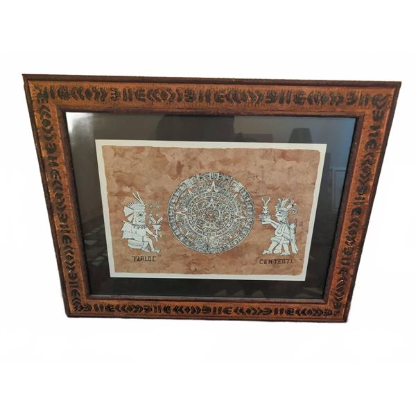 Framed Aztec Calendar Artwork with Tlaloc and Centeotl Figures