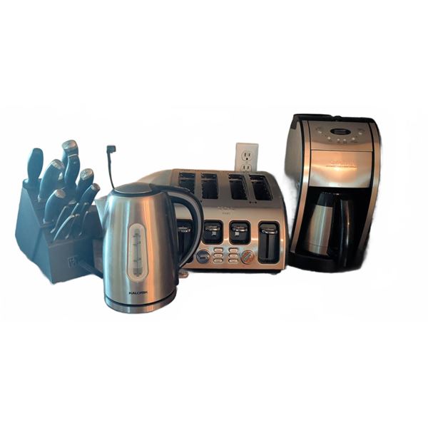 Kitchen Appliance Set: Knife Block, Kalorik Kettle, T-fal Toaster, Cuisinart Coffee Maker