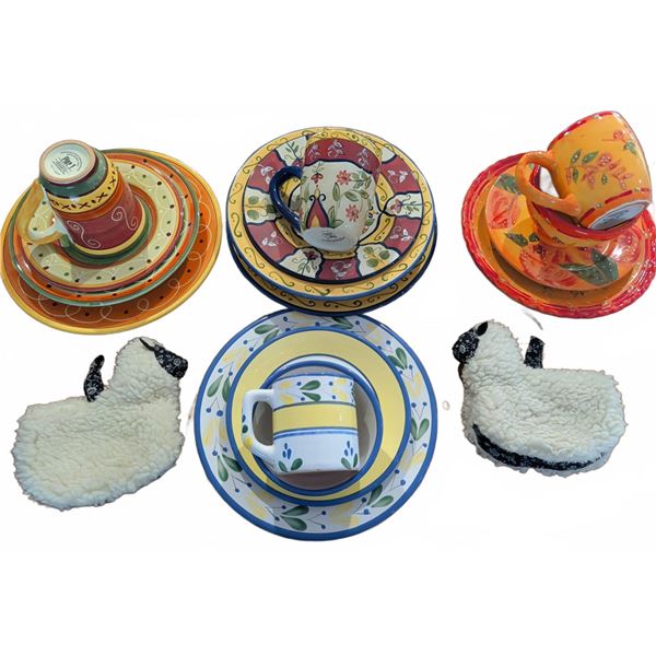 Hand-Painted Ceramic Dish Sets with Cups and Sheep-Shaped Pot Holders