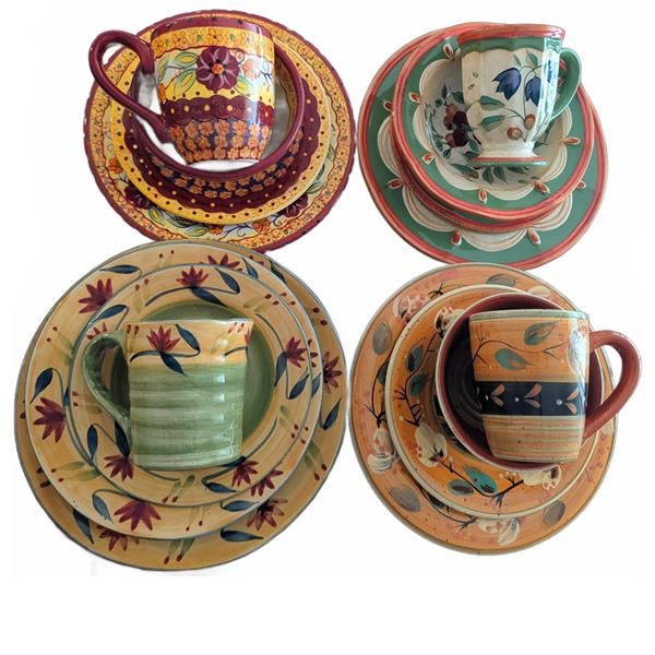 4 Hand Painted Ceramic Mug and Plate Trios Floral Motifs
