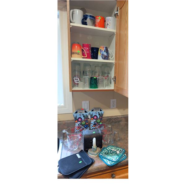 Kitchenware Lot With Mugs, Glasses, Pyrex Measuring Cups And Accessories