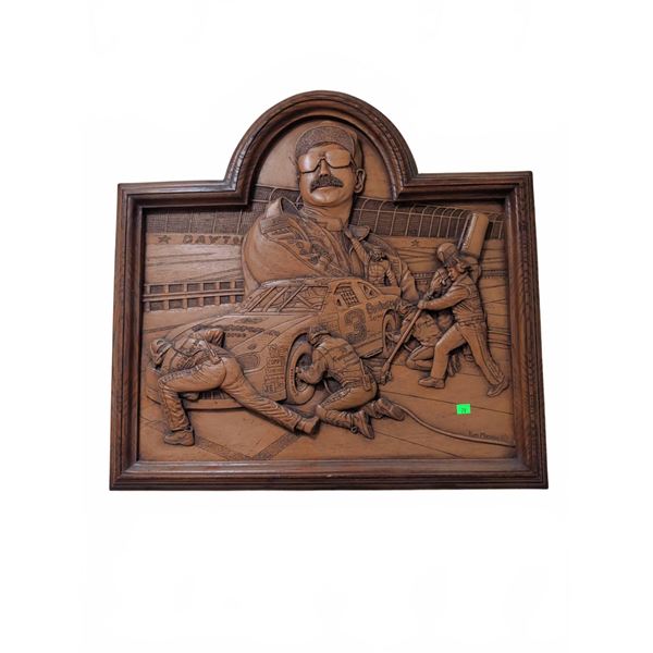 Kim Murray Carved Wood Plaque Depicting NASCAR Pit Stop Scene