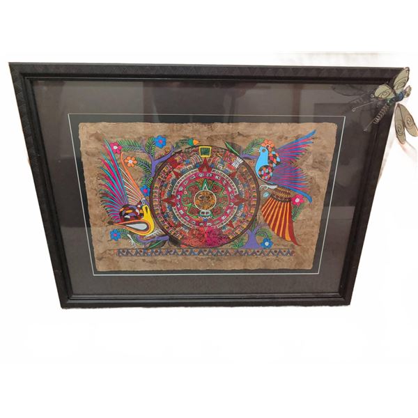 Framed Mexican Aztec Calendar Artwork on Amate Paper with Decorative Butterfly