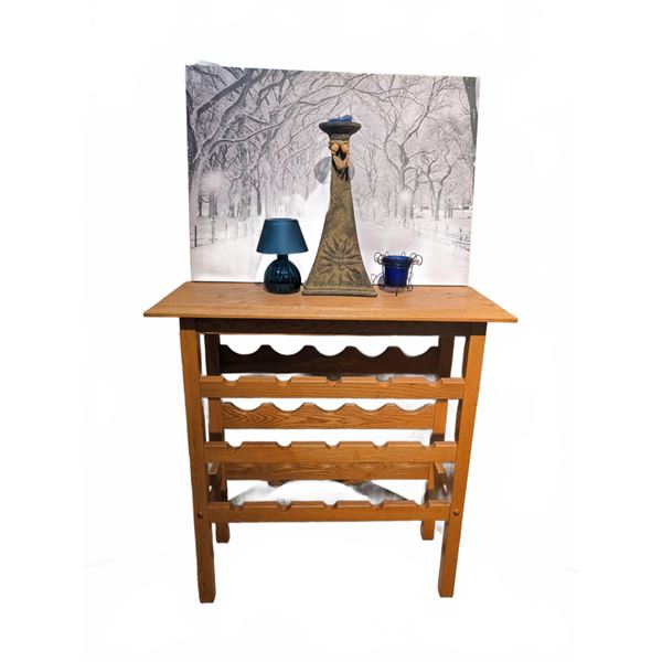 Wooden Wine Rack Table with Accessories and Artwork