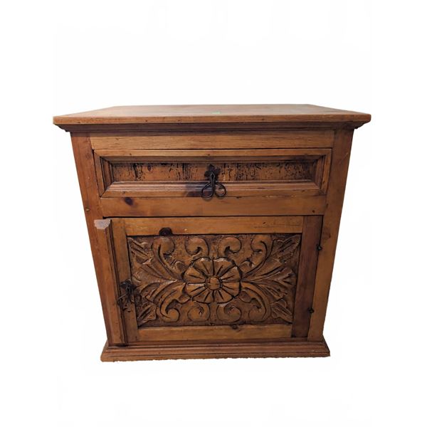 Carved Wood Side Table with Drawer and Cabinet Door