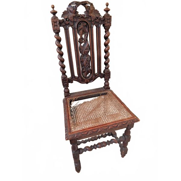 Ornate Hand Carved Antique Wooden Chair with Damaged Woven Seat