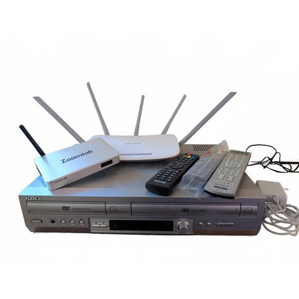 Sony DVD-VHS Player with Zoomtak Box, TP-Link Router and Remotes