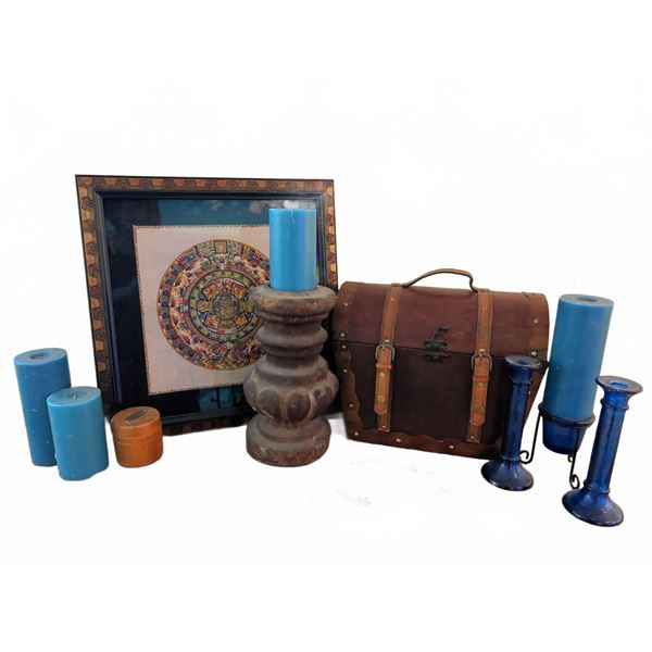 Decorative Lot With Blue Candles, Wooden Chest, Framed Artwork, and Metal Wall Lizards