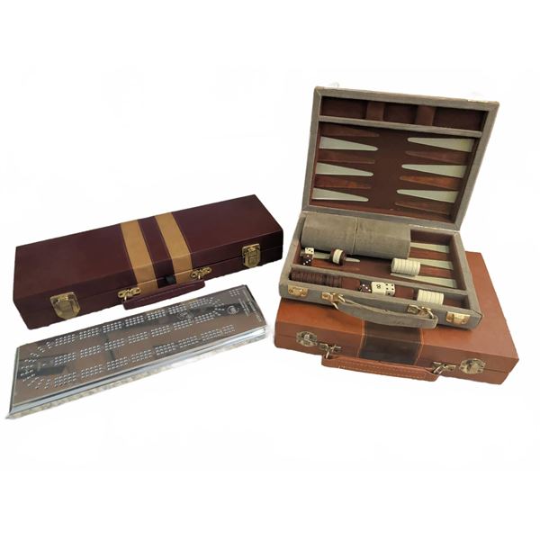 Backgammon Sets, Rummikub Set, and Metal Cribbage Board