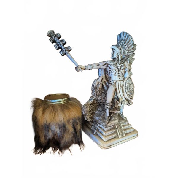 Aztec Warrior Sculpture with Removable Spear and Fur-Covered Jar