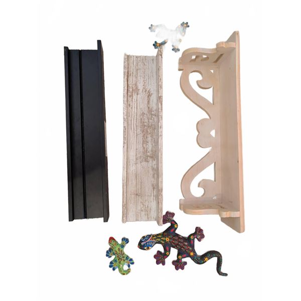 3 Wall Shelves and 4 Painted Decorative Lizard Figures