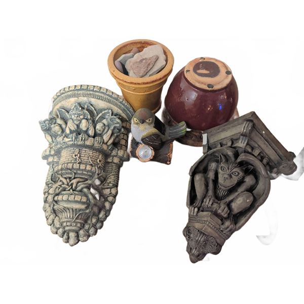 Gothic Wall Plaques, Decorative Pots, and Solar Bird Figurine