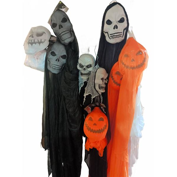 Large Group of Hanging Halloween Skull and Pumpkin Decorations