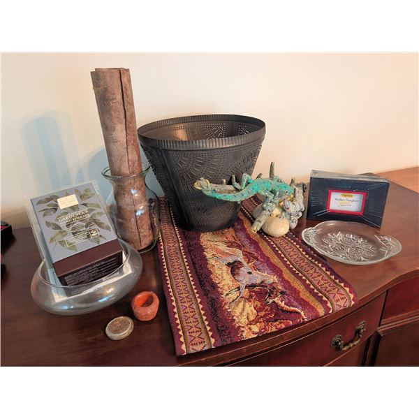 Home Decor Lot With Metal Lamp Shade, Artwork, Tapestry, and Collectibles