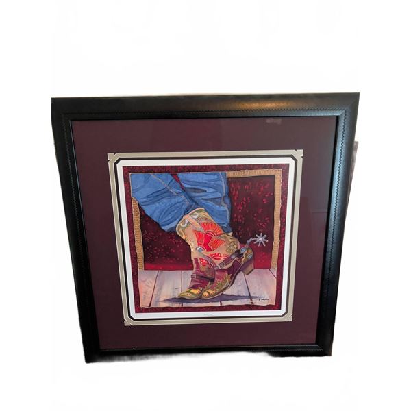 Framed Signed Art Print of Cowboy Boot, Matting Included