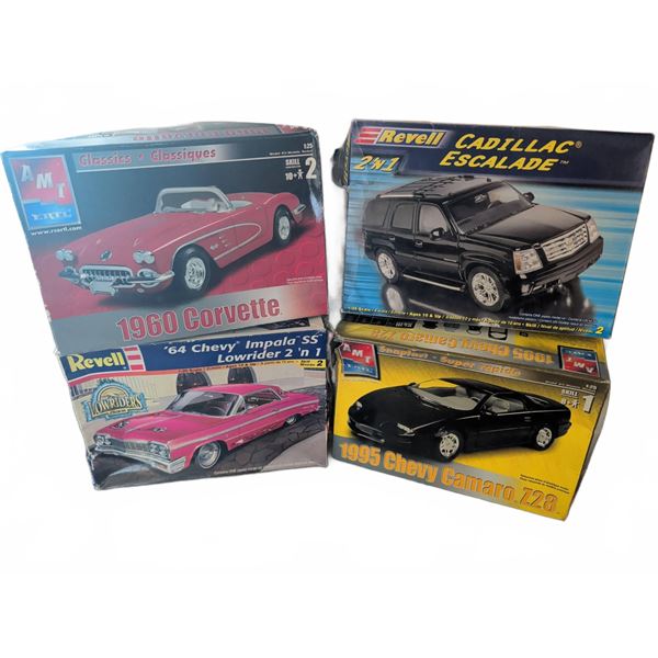 4 Revell and AMT Model Car Kits - Corvette, Escalade, Impala SS, Camaro