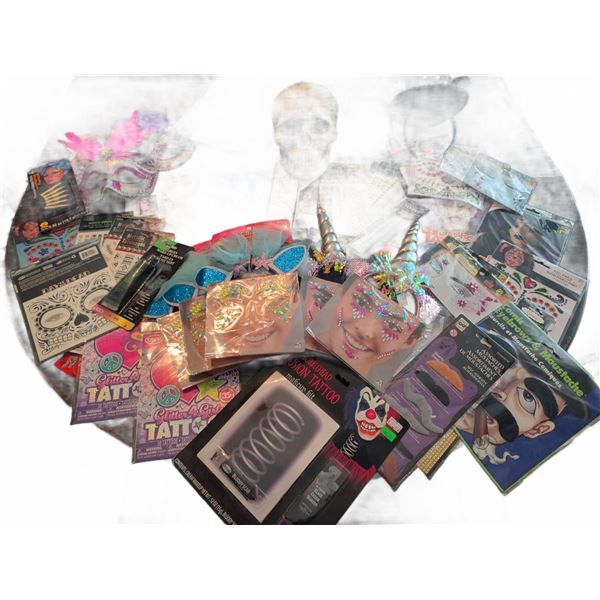 Large Mixed Lot of Costume Accessories, Face Gems, Tattoos, Wigs, and Makeup
