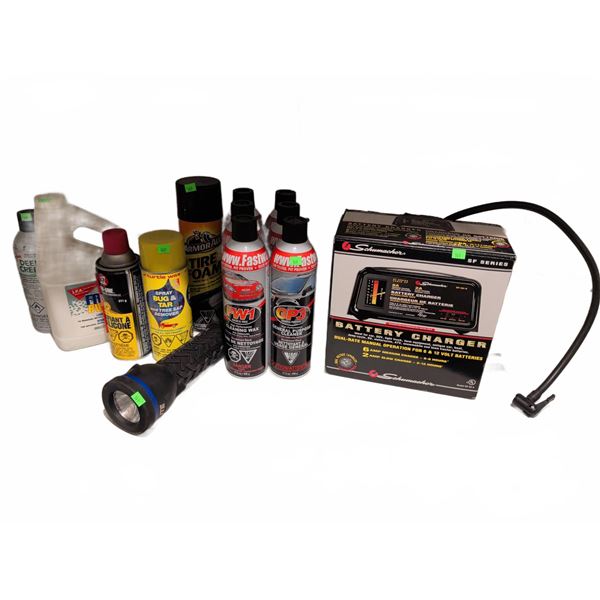 Automotive Battery Charger, Cleaners, and Flashlight Lot