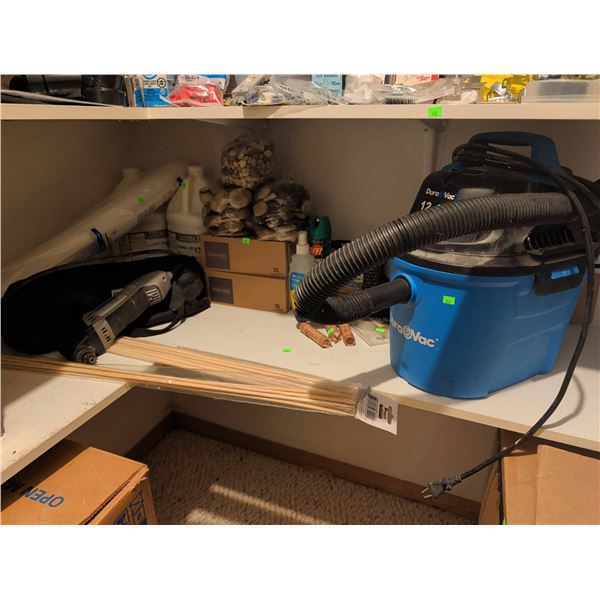 Garage Miscellaneous Lot: DuraVac 12 Litre Shop Vac, Dremel Tool, Odorfax Cleaner, and More