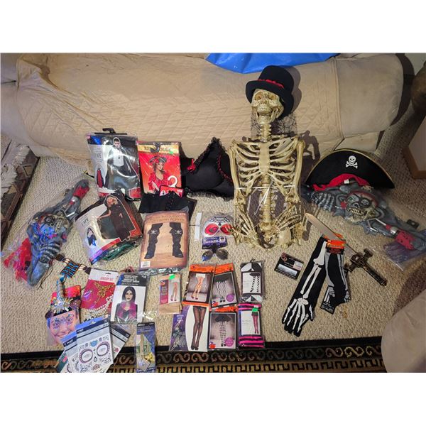 Large Halloween Costume and Decoration Lot With Skeleton, Pirate Accessories, and Costume Pieces