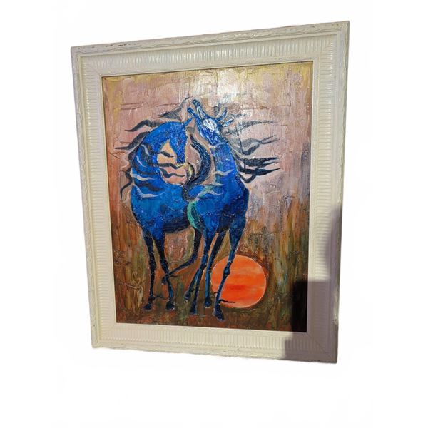 G. Haukman '68 40-Inch Tall Framed Painting of Two Blue Horses with Sun