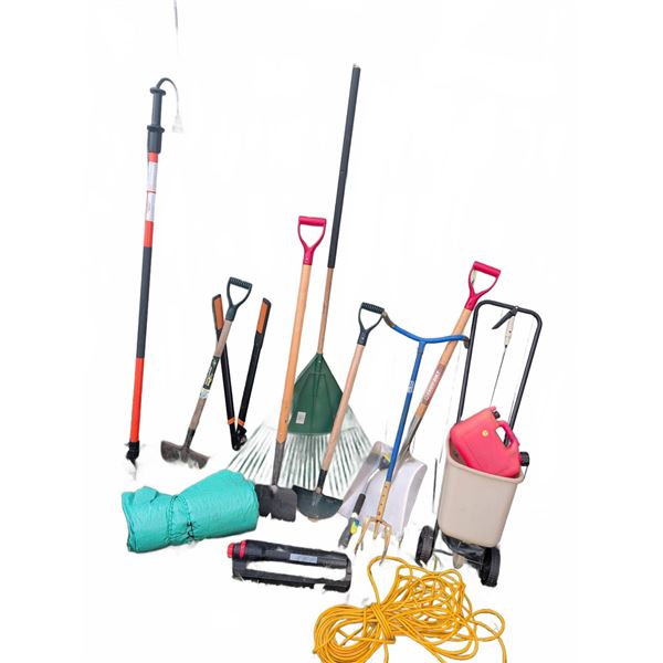 Yard Tool Lot Including Shovels, Rake, Spreader, Gas Can, and Extension Cord