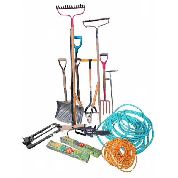 Yard Tool Lot: Rakes, Shovels, Garden Hoses, Pole Saw, Sprinkler