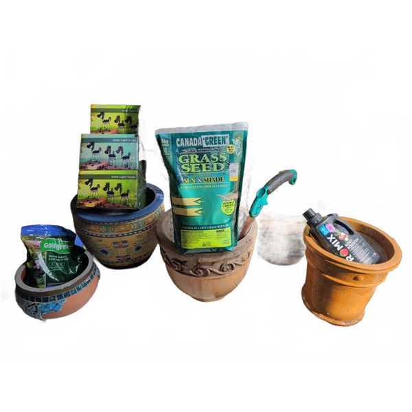 Garden Tool and Planter Lot: Clay, Ceramic Pots, Fertilizer, Seed, Decor