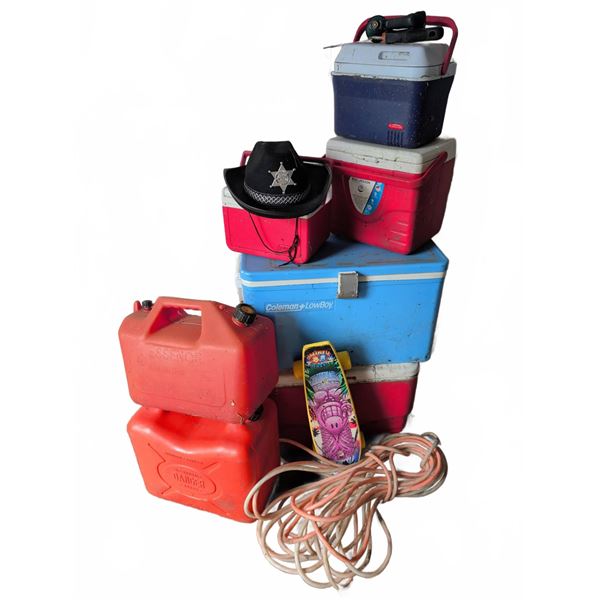 Coolers, Gas Cans, Skateboard, Hat and Extension Cord