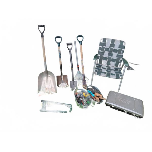 Outdoor and Garden Tool Lot With Chair, Shovels, Rake, Coleman Grill, Umbrella Base