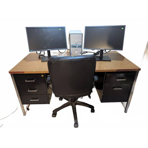 Office Workstation With Dual Samsung Monitors, Desktop PC, Desk, and Chair