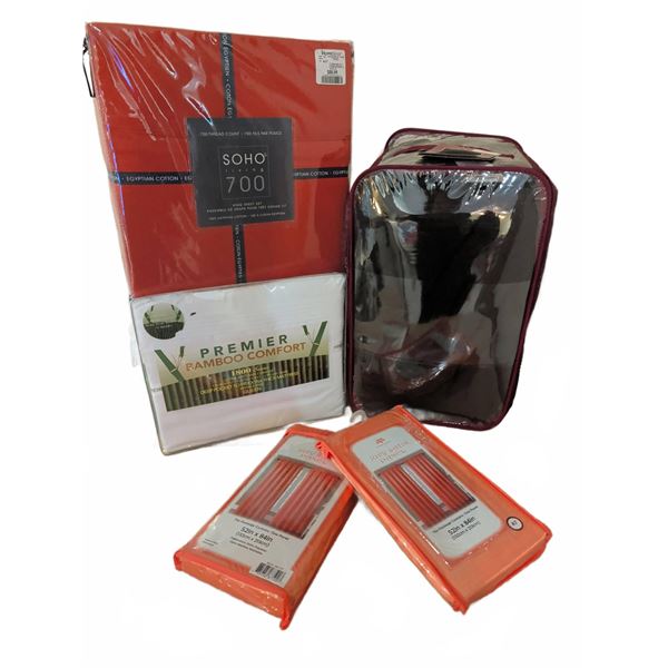 Bed Linen and Panel Lot: SOHO 700TC King Sheet Set, Premier Queen Sheet, Curtains, Comforter