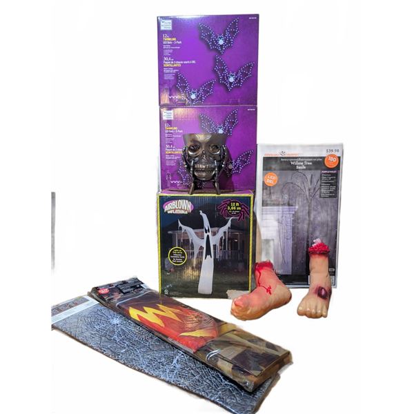 Large Assorted Halloween Decor Lot with 12 ft Inflatable, LED Bats, Skull, Feet