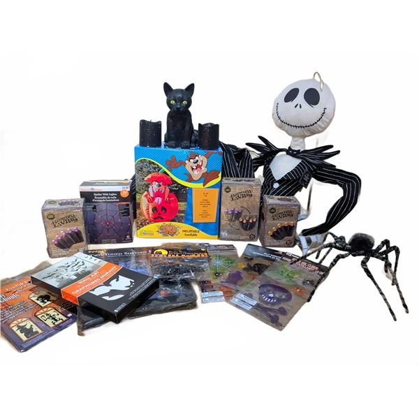 Large Halloween Decor Lot With Jack Skellington, Taz Inflatable, Haunted Living Lights