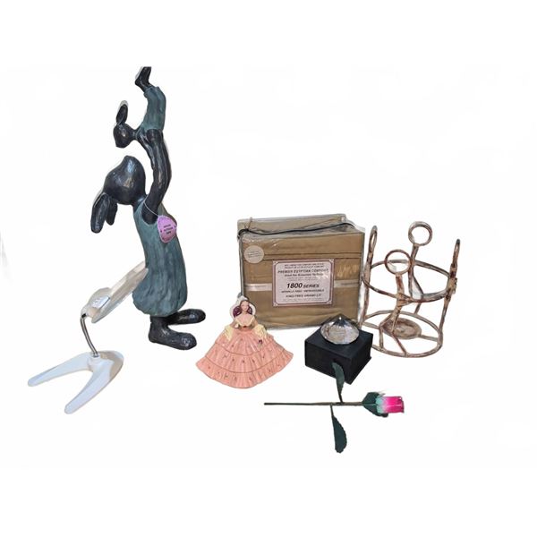 Decorative Lot: Rabbit Sculpture, Porcelain Lady, Sheet Set, and Accessories