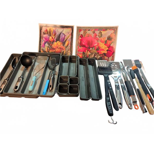 Kitchen Utensils with Organizers and Two Floral Prints