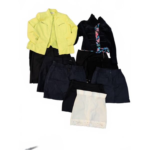 Ladies Size S-M Clothing Lot Including Jackets, Skirts, Shorts, and Slip