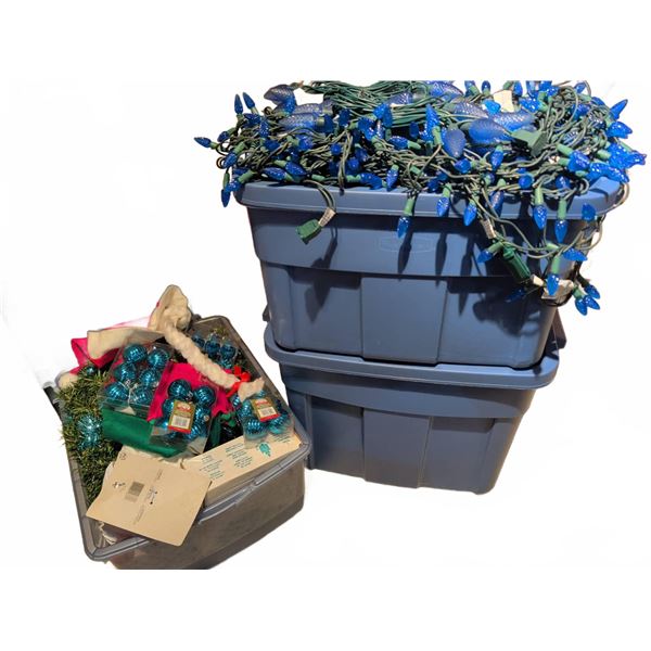 Holiday Decorations with Blue String Lights and Ornaments