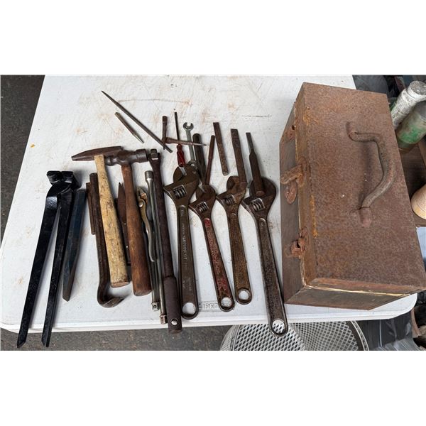 Multiple Hand Tools in Metal Case: Crescent Wrenches, Hammers, Pliers, Files, etc